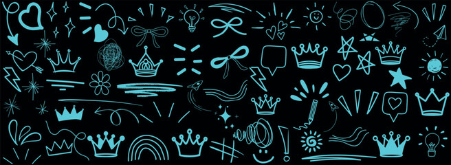 Doodle hand drawn neon blue graphic element set, crown, heart, star, bow, speech bubble, lightning, sparkle, arrow, rainbow, abstract, artistic clipart illustration, digital sketch glowing on dark