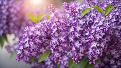 Fototapeta premium Lilac flowers in full bloom with vibrant purple colors and green leaves against a soft background with natural light Copy Space