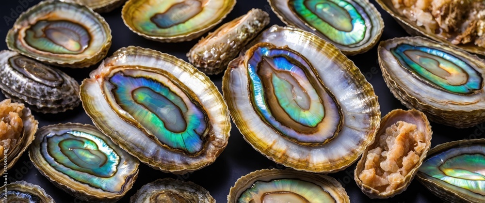 Poster close-up of opened abalone shells displaying iridescent interior patterns on a dark background with 