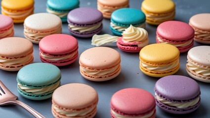 Obraz premium Colorful assortment of macarons in pastel hues with buttercream filling arranged on a blue surface with copy space for text.
