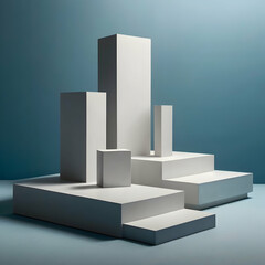  white square podiums -Abstract White Geometric Cityscape on Blue Gradient Background – Minimal Architecture Concept