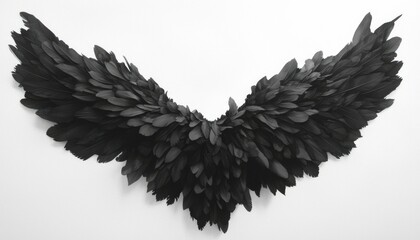 Fototapeta premium Black Angel wings displayed on white wall for artistic or symbolic representation