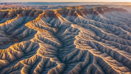 Aerial view of rugged desert landscape with textured mountain formations at sunrise showcasing shadows and highlights in the terrain Copy Space