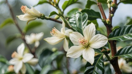 White coffee flowers blooming on a green coffee plant with glossy leaves against a blurred background Copy Space