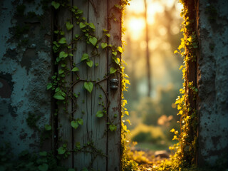 Mystical Forest Entrance, Weathered Doorway with Vines, Sunlit Magical Realm, Whimsical Nature Scene, Dreamlike Atmosphere