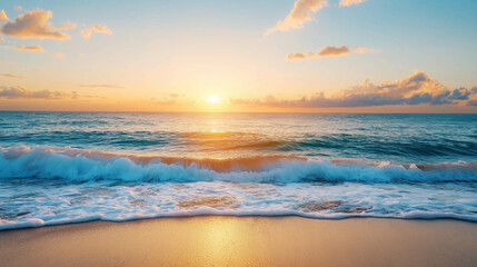 Obraz premium Golden sunset reflecting on gentle rolling ocean waves, creating serene atmosphere
