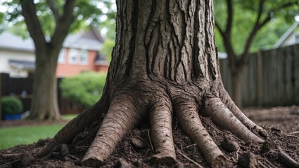 Close-up of tree trunk and roots showing textured bark in residential backyard with blurred green trees and fence in background Copy Space