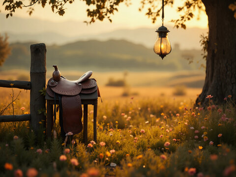Rustic Rural Landscape with Vintage Saddle, Lantern, and Wildflowers in Warm Golden Sunlight