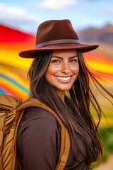 Woman in a brown felt hat and outdoor gear hikes along the famous Rainbow Mountain trail, marveling at the multicolored terrain.