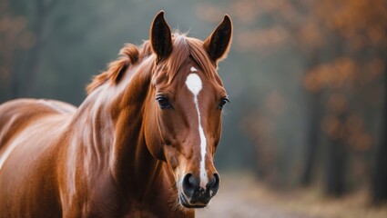 Obraz premium Brown horse portrait with soft focus background and autumn colors, capturing the natural beauty of the animal, Copy Space