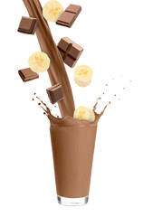 Banana chocolate milkshake and pieces of fresh fruit on white background