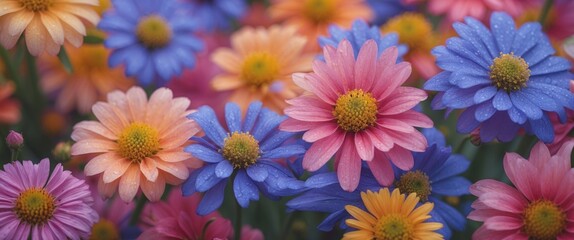 Fototapeta premium Colorful blooming flowers in a garden with droplets of water on petals, suitable for nature-themed backgrounds, Copy Space