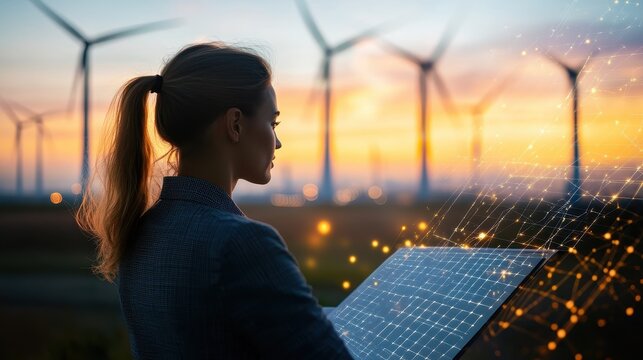 Professional Female Reviewing Digital Reports in Front of Wind Turbines at Sunset with Data Visualization Effects