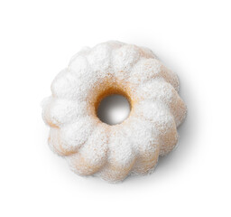 Delicious lemon cake with powdered sugar isolated on white, top view