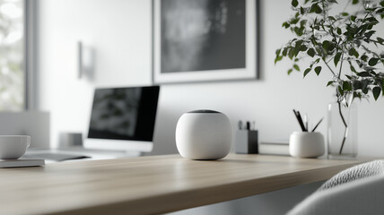 A minimalist workspace featuring a smart desk with a futuristic interface, an AI-powered assistant discreetly placed on a nearby cabinet