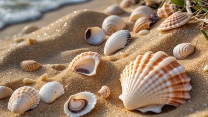 Assorted seashells scattered on sandy beach with soft ocean waves in the background natural textures and colors Copy Space