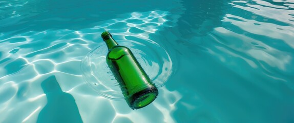 Green glass bottle floating in clear blue swimming pool water creating ripples and reflections on the surface Copy Space