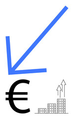 Downward arrow pointing to euro symbol with upward-growing building structures. Ideal for financial trends, currency, real estate, economics, investment, market rise, abstract line flat metaphor