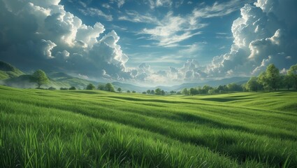 Obraz premium Vast green meadow landscape under a dramatic sky with fluffy clouds and distant hills daytime scene Copy Space