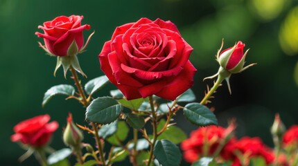 Red roses in garden with lush green background and buds, bright sunlight highlighting petals, beautiful floral composition, Copy Space