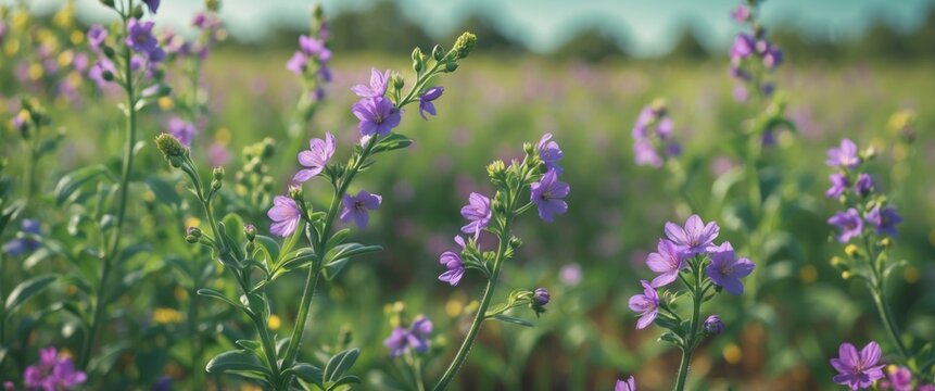 Vibrant field of purple wildflowers in full bloom with green foliage under a clear blue sky with Copy Space for text placement