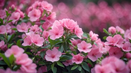 Obraz premium Blooming pink flowers with lush green leaves in a vibrant garden setting Soft focus background with Copy Space for text