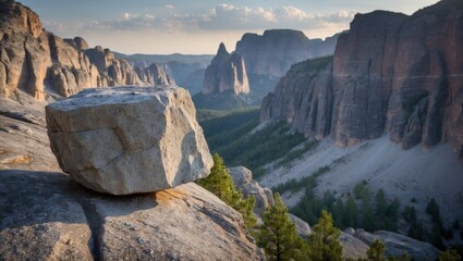 Scenic mountain landscape with large rock in foreground and rugged cliffs in background during golden hour Copy Space