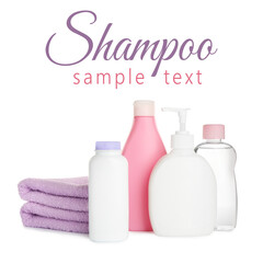 Set of baby cosmetic products and towel on white background. Design with sample text