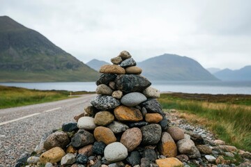 Stacked rocks mark road edge. Mountains fade in distance, perfect for travel blog