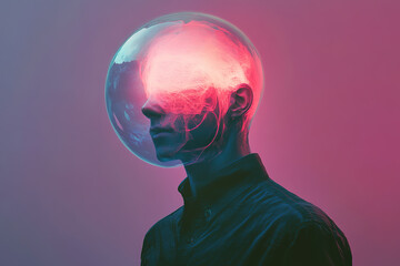 Creative representation of a human figure with a glowing, ethereal bubble head against a vibrant background