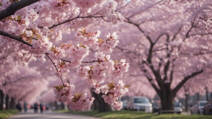 Obraz premium Cherry blossom trees in full bloom along a pathway with pink flowers and blurred background of people and cars Copy Space