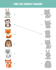 Find correct shadow of cute animals. Wolf, fox, bunny, hedgehog, squirrel, owl. Educational logical game for kids. Cartoon animals. Vector
