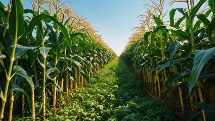 Cornfield rows with green stalks and tall corn plants under clear blue sky agriculture landscape with path in center Copy Space