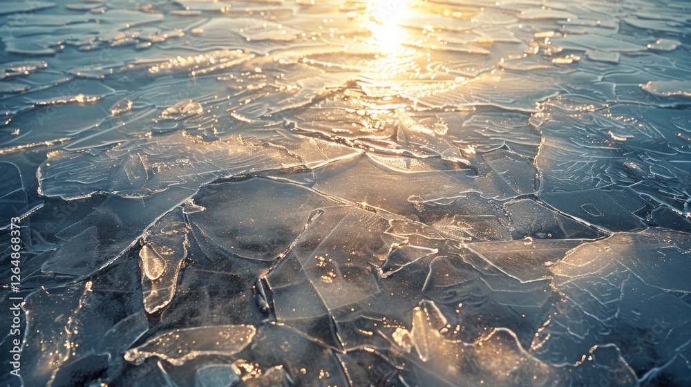 Poster a frozen lake features stunning, intricate ice formations spread across its surface, bathed in the w