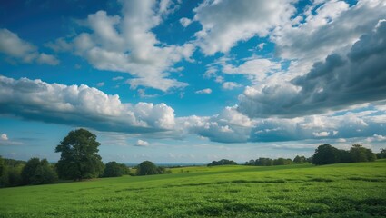 Obraz premium Lush green meadow under a bright blue sky with fluffy white clouds and distant trees in the background Copy Space