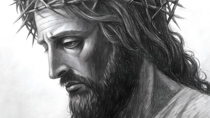 A biblical story is a close-up illustration of Jesus wearing a crown of thorns. The grim expression conveys the suffering and sacrifice of the Christian savior.