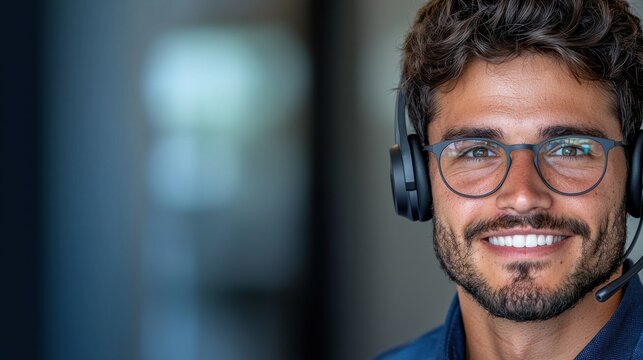 Smiling customer support representative wearing headphones while sitting at his desk and providing friendly and helpful assistance  He looks confident approachable