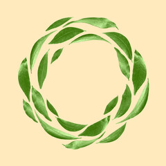 Green leaves swirling in air on beige background