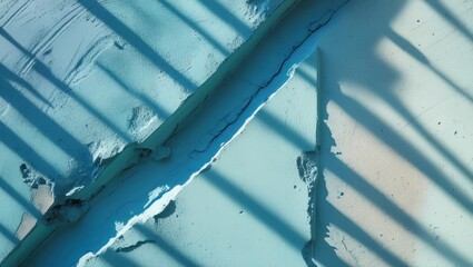 Textured blue wall with cracks and shadows from railing creating diagonal patterns and lines. Copy Space available.