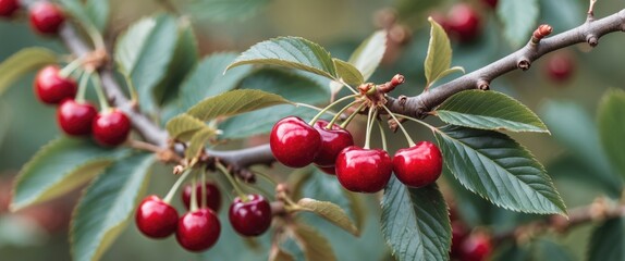 Obraz premium Branch of cherry tree with ripe red cherries and green leaves natural background Copy Space