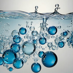 Clear blue water bubbles isolated on a clean white background. The bubbles should be perfectly round, with a translucent, glossy appearance that reflects light. The water should have a soft blue tint