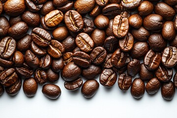 Fototapeta premium Abundant pile of glossy coffee beans carefully arranged on a pristine white surface