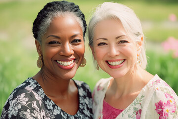 Obraz premium Two mature women 40s 50s standing side by side, One African American, second woman white European, friends meeting outside sunny day active lifestyle 