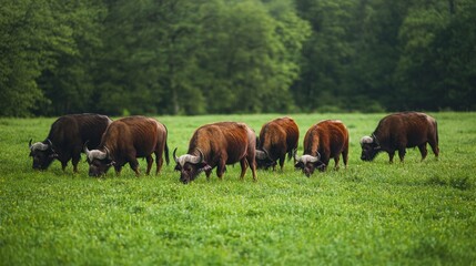 Fototapeta premium Side View of Tame Buffalo Grazing in a Lush Green Meadow