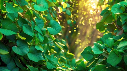 Lush green leaves with sunlight filtering through creating a natural backdrop with copy space for text