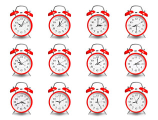 Naklejka premium Red alarm clock showing different time isolated on white, collage
