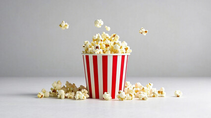 Popcorn spills from a red and white striped container. a isolated