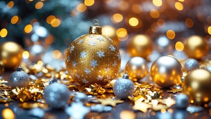 Christmas decorations with golden and silver ornaments on glittery surface with blurred warm lights in background Copy Space