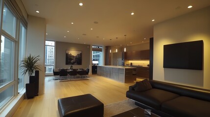 Fototapeta premium Luxurious Urban Living Room with Modern Furnishings and Open Space
