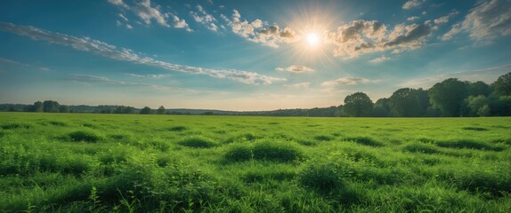 Obraz premium Green meadow landscape under a clear blue sky with bright sun and scattered clouds in a rural setting Copy Space